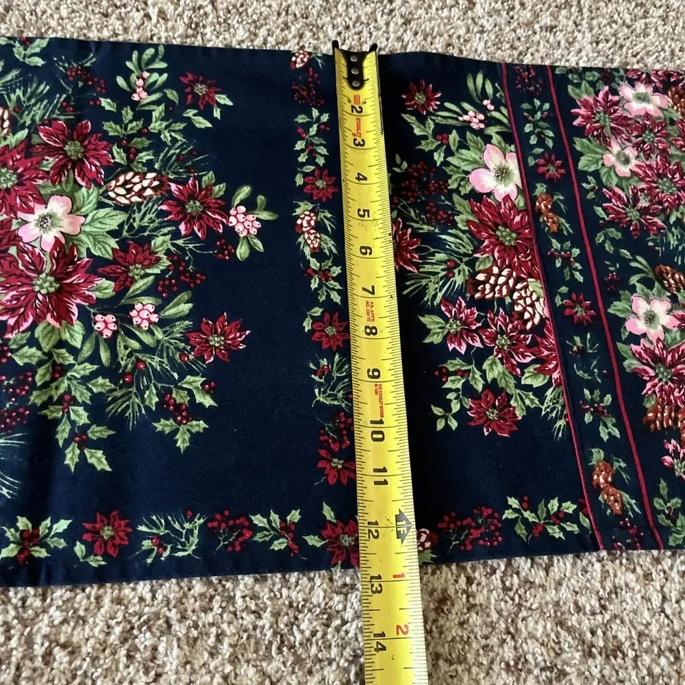 April Cornell Christmas Burgundy Pink Poinsettia Navy Blue Cotton Table‎ Runner